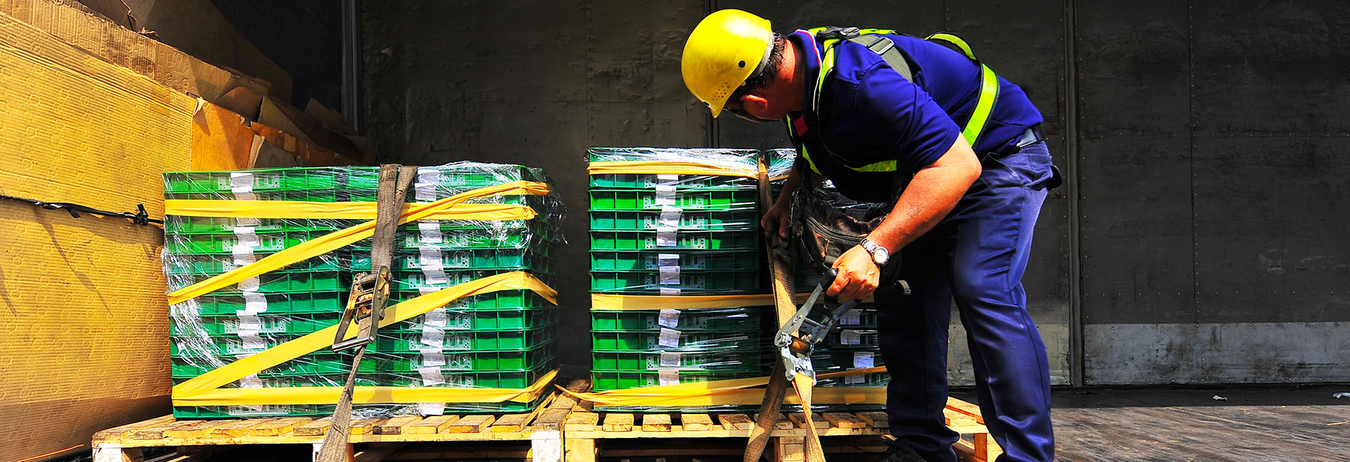 man wearing a yellow helmet and navy uniform fastening yellow taut straps on some green palettes that are ready to be shipped