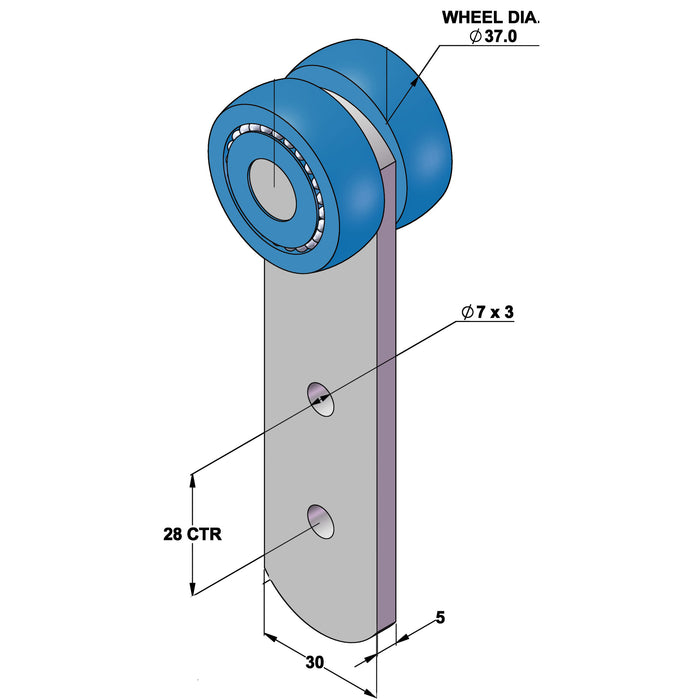 A diagram showing the measurements of a blue bobbin and silver roller when combined 